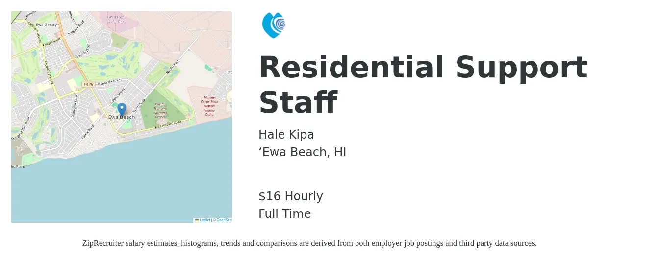 Hale Kipa job posting for a Residential Support Staff in ‘Ewa Beach, HI with a salary of $17 Hourly with a map of ‘Ewa Beach location.