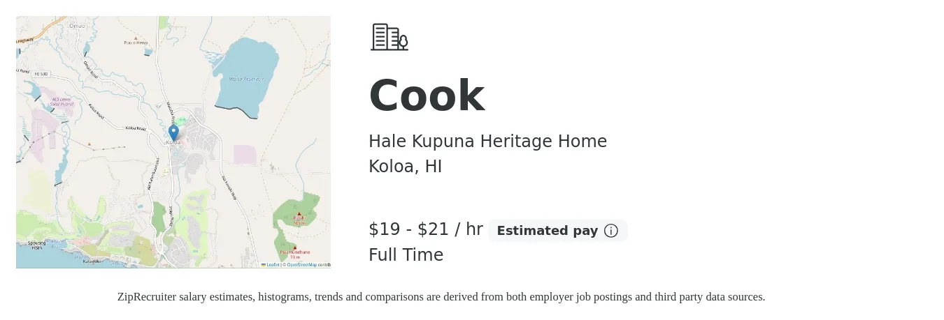 Hale Kupuna Heritage Home job posting for a Cook in Koloa, HI with a salary of $20 to $22 Hourly with a map of Koloa location.