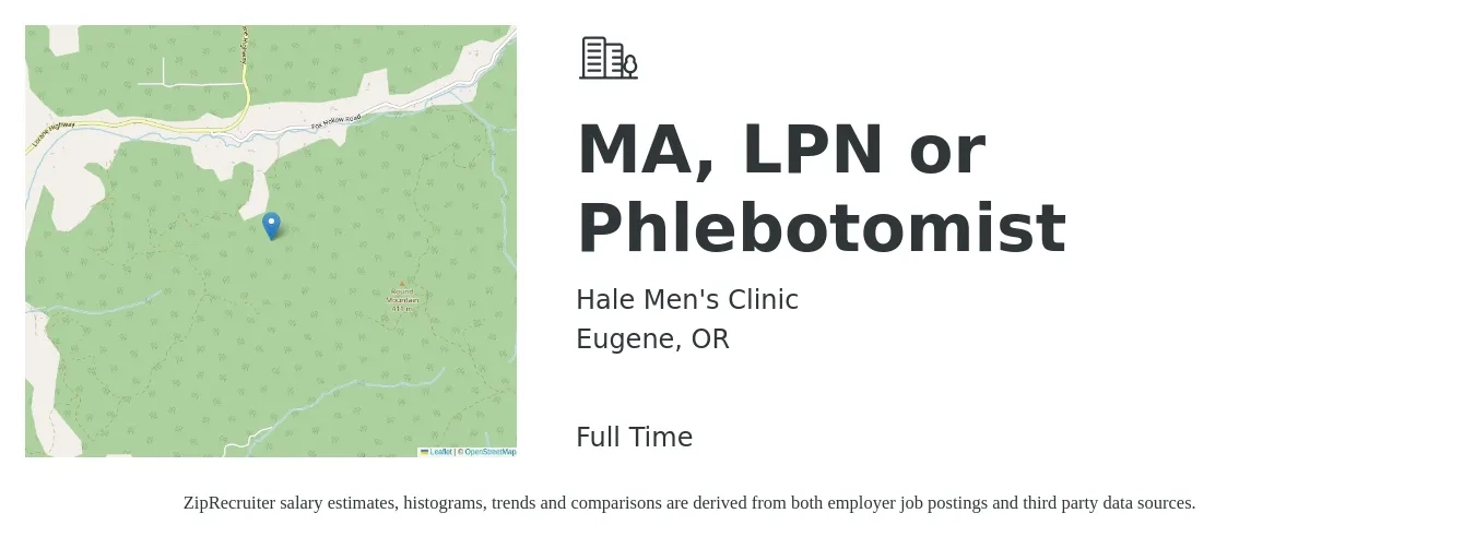 Hale Men's Clinic job posting for a MA, LPN or Phlebotomist in Eugene, OR with a salary of $18 to $24 Hourly with a map of Eugene location.