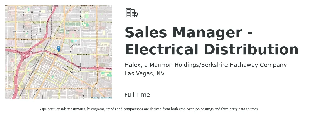 Halex, a Marmon Holdings/Berkshire Hathaway Company job posting for a Sales Manager - Electrical Distribution in Las Vegas, NV with a salary of $57,300 to $109,400 Yearly with a map of Las Vegas location.