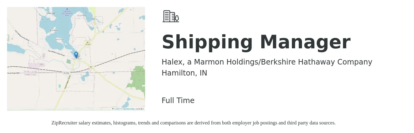 Halex, a Marmon Holdings/Berkshire Hathaway Company job posting for a Shipping Manager in Hamilton, IN with a salary of $20 to $33 Hourly with a map of Hamilton location.