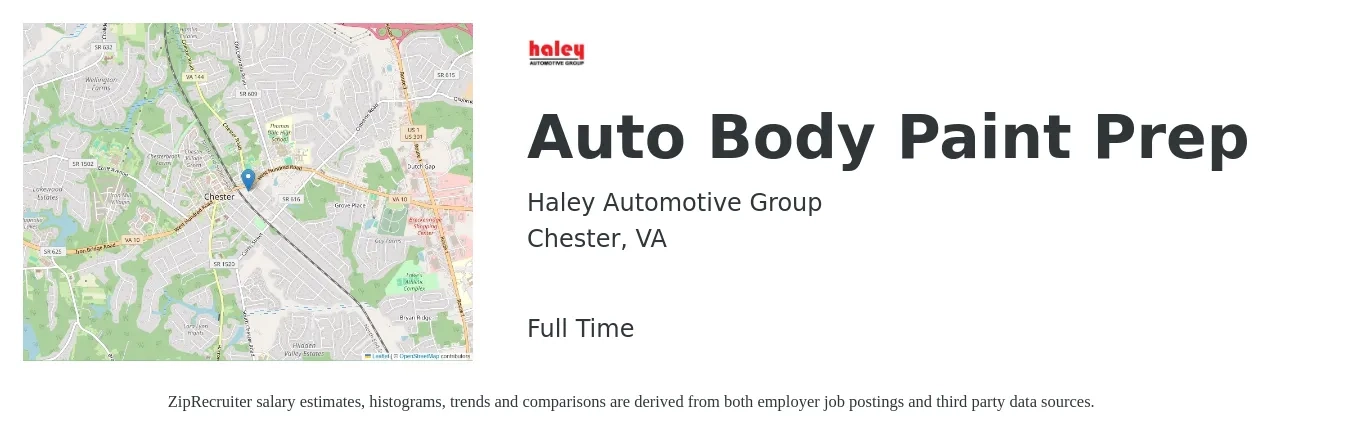 Haley Automotive Group job posting for a Auto Body Paint Prep in Chester, VA with a salary of $19 to $31 Hourly with a map of Chester location.