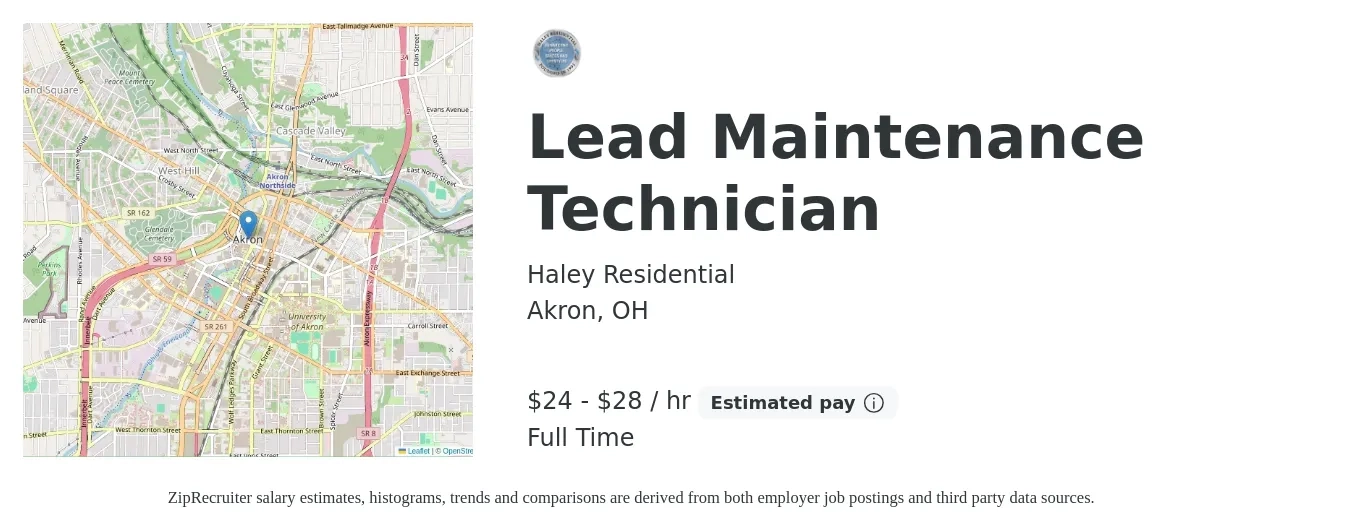 Haley Residential job posting for a Lead Maintenance Technician in Akron, OH with a salary of $25 to $30 Hourly with a map of Akron location.