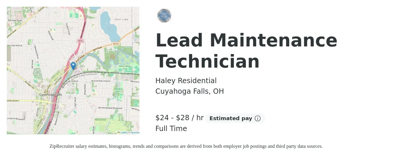Haley Residential job posting for a Lead Maintenance Technician in Cuyahoga Falls, OH with a salary of $25 to $30 Hourly with a map of Cuyahoga Falls location.