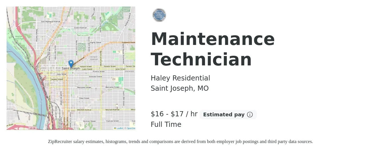 Haley Residential job posting for a Maintenance Technician in Saint Joseph, MO with a salary of $17 to $18 Hourly with a map of Saint Joseph location.