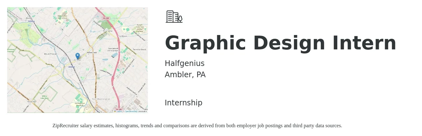 Halfgenius job posting for a Graphic Design Intern in Ambler, PA with a salary of $14 to $19 Hourly with a map of Ambler location.