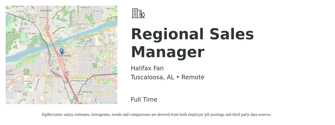 Halifax Fan job posting for a Regional Sales Manager in Tuscaloosa, AL with a salary of $66,800 to $104,400 Yearly with a map of Tuscaloosa location.