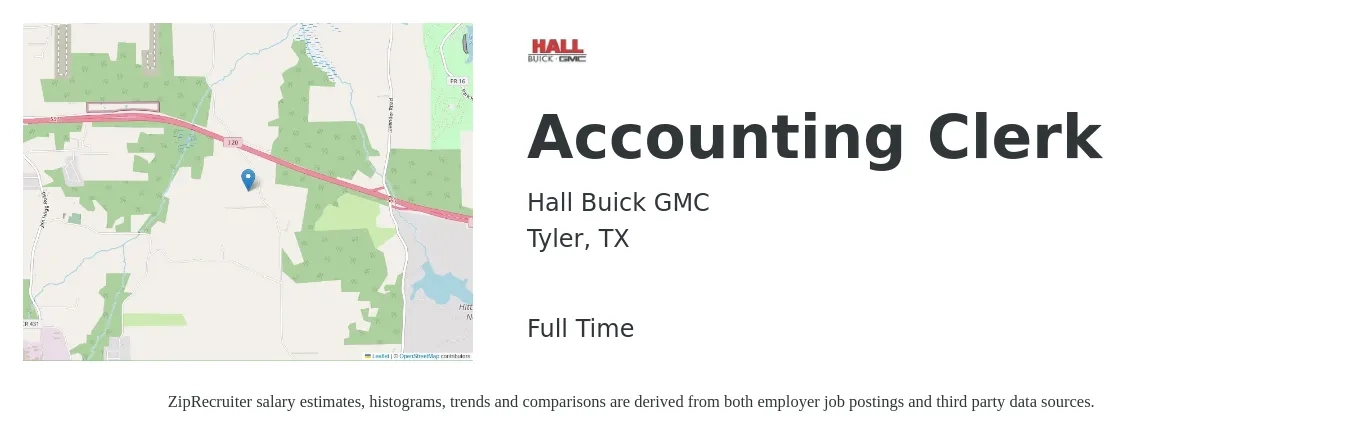 Hall Buick GMC job posting for a Accounting Clerk in Tyler, TX with a salary of $18 to $22 Hourly with a map of Tyler location.