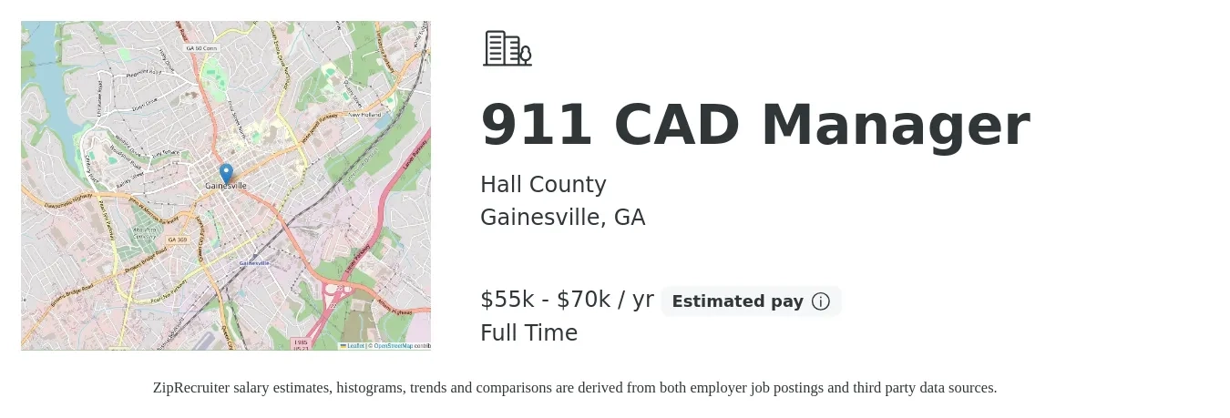 Hall County job posting for a 911 CAD Manager in Gainesville, GA with a salary of $55,530 to $70,013 Yearly with a map of Gainesville location.