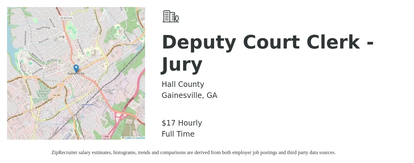 Hall County job posting for a Deputy Court Clerk - Jury in Gainesville, GA with a salary of $18 Hourly with a map of Gainesville location.