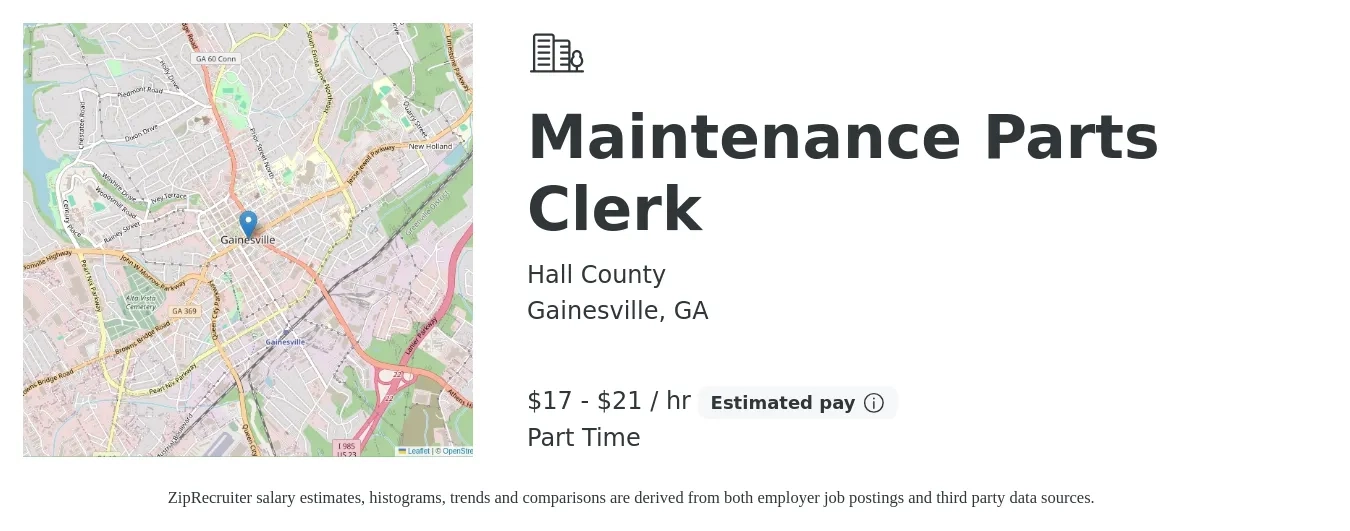 Hall County job posting for a Maintenance Parts Clerk in Gainesville, GA with a salary of $18 to $23 Hourly with a map of Gainesville location.