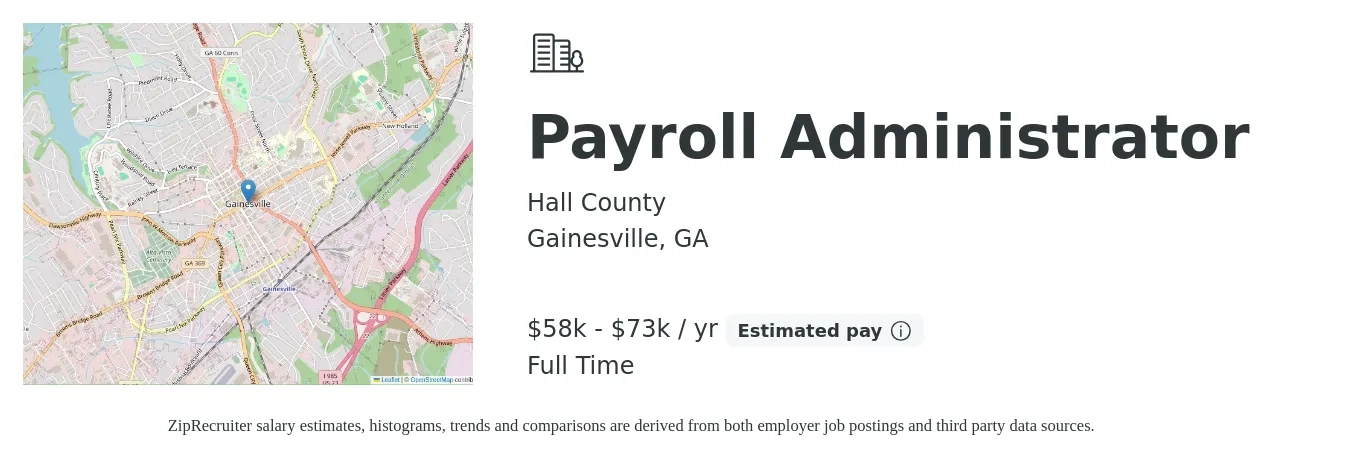 Hall County job posting for a Payroll Administrator in Gainesville, GA with a salary of $58,341 to $73,557 Yearly with a map of Gainesville location.