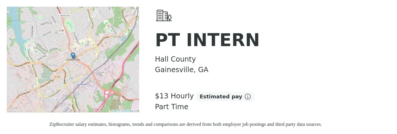 Hall County job posting for a PT INTERN in Gainesville, GA with a salary of $14 Hourly with a map of Gainesville location.
