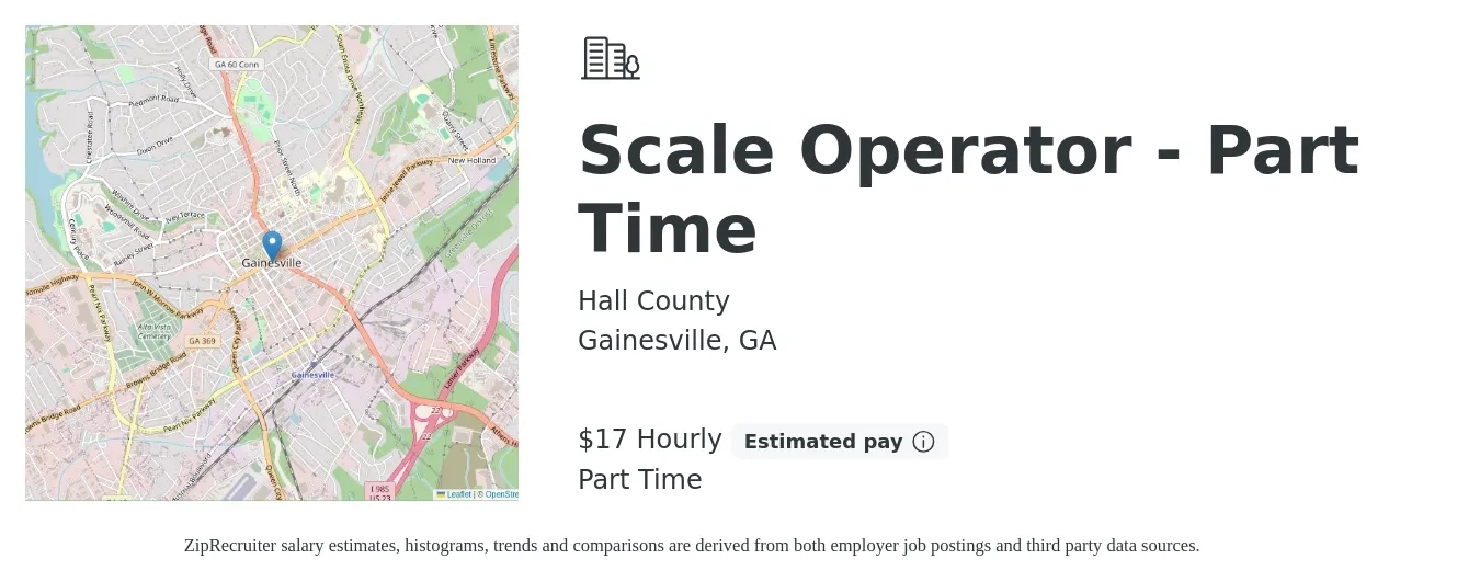 Hall County job posting for a Scale Operator - Part Time in Gainesville, GA with a salary of $18 Hourly with a map of Gainesville location.