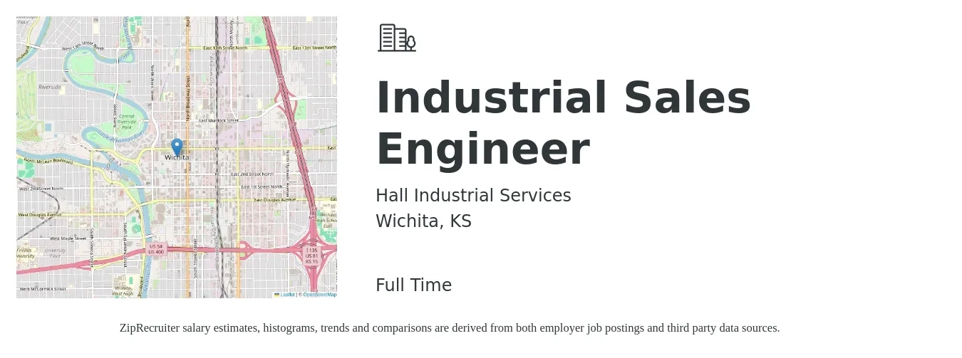 Hall Industrial Services job posting for a Industrial Sales Engineer in Wichita, KS with a salary of $71,600 to $98,400 Yearly with a map of Wichita location.
