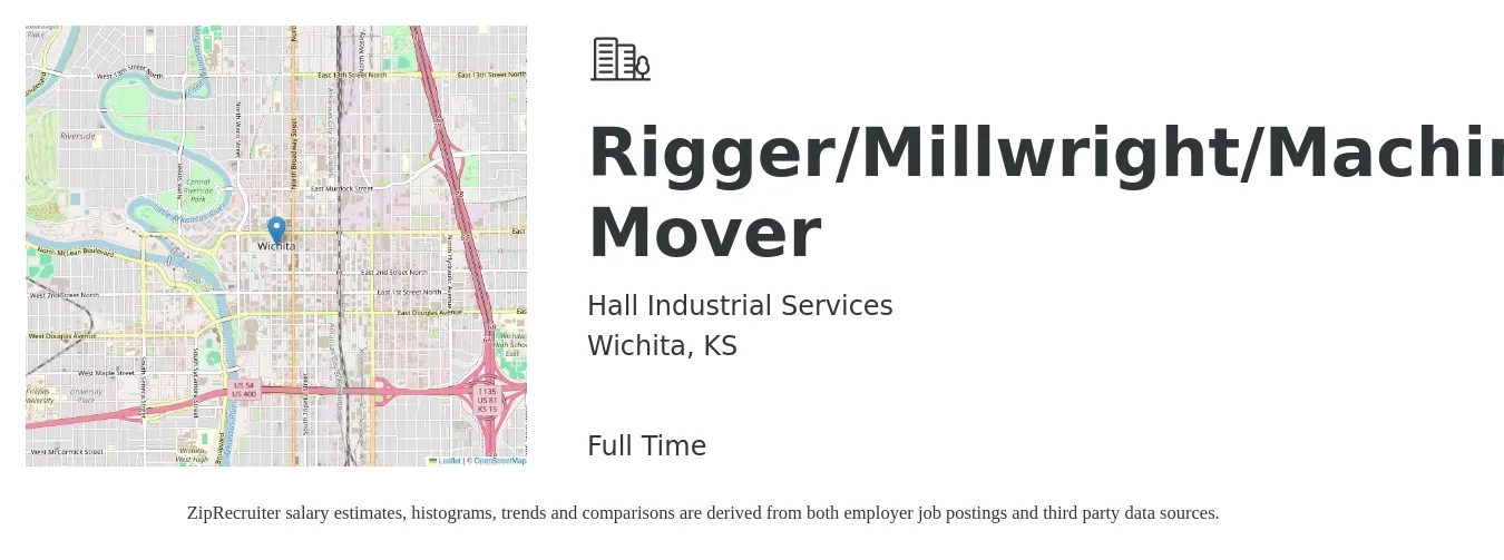 Hall Industrial Services job posting for a Rigger/Millwright/Machinery Mover in Wichita, KS with a salary of $22 to $30 Hourly with a map of Wichita location.