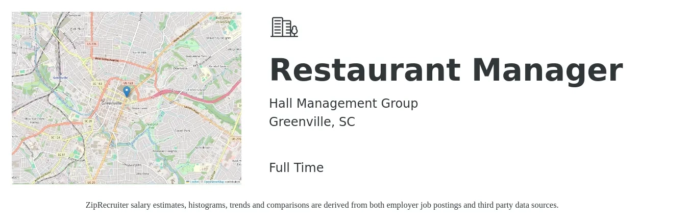 Hall Management Group job posting for a Restaurant Manager in Greenville, SC with a salary of $42,300 to $59,700 Yearly with a map of Greenville location.