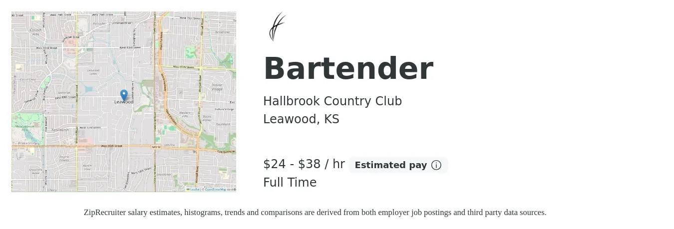 Hallbrook Country Club job posting for a Bartender in Leawood, KS with a salary of $25 to $40 Hourly with a map of Leawood location.