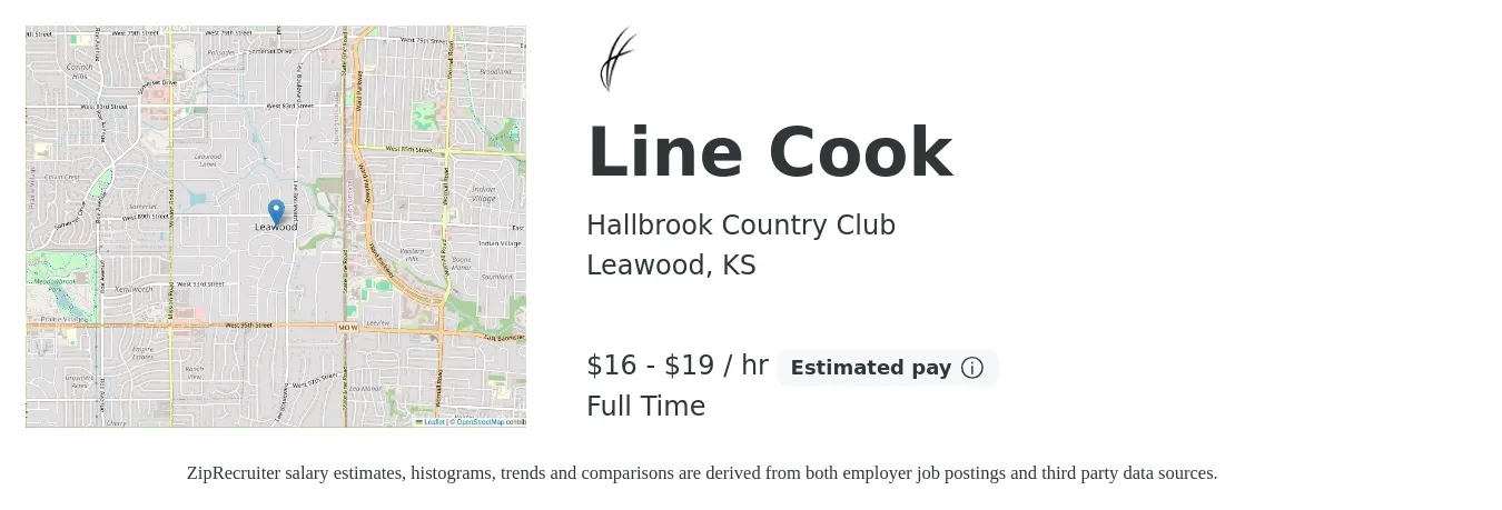 Hallbrook Country Club job posting for a Line Cook in Leawood, KS with a salary of $17 to $20 Hourly with a map of Leawood location.
