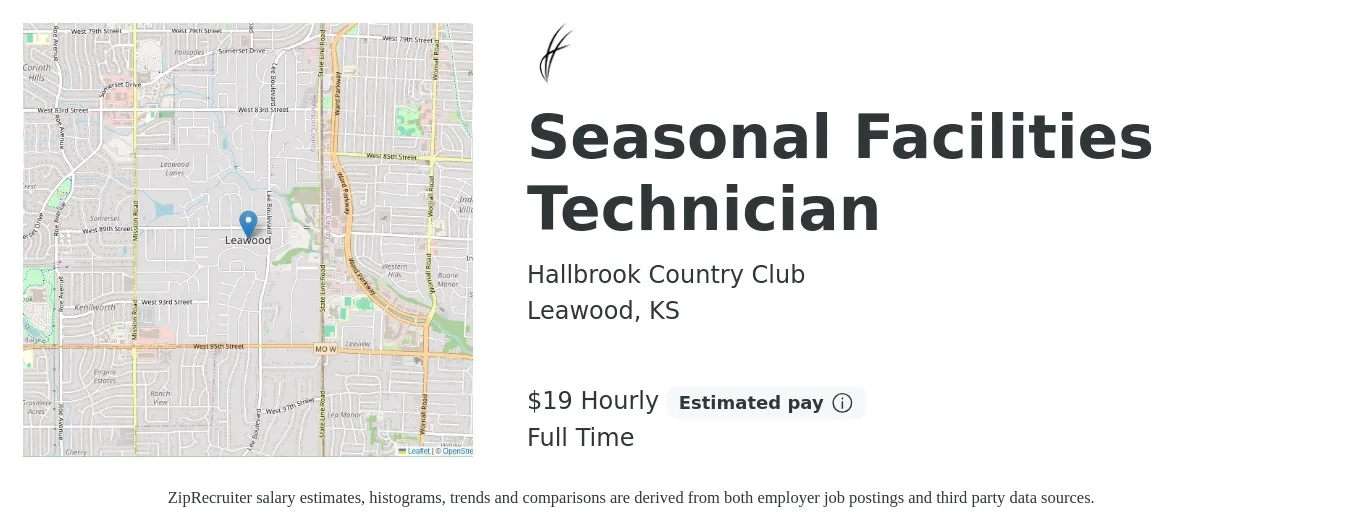 Hallbrook Country Club job posting for a Seasonal Facilities Technician in Leawood, KS with a salary of $20 Hourly with a map of Leawood location.