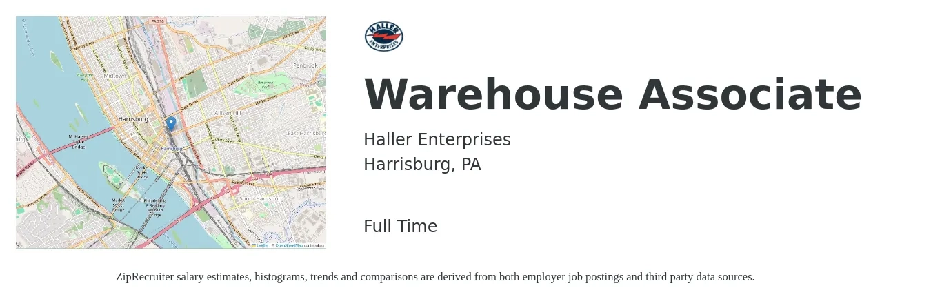 Haller Enterprises job posting for a Warehouse Associate in Harrisburg, PA with a salary of $20 to $22 Hourly with a map of Harrisburg location.