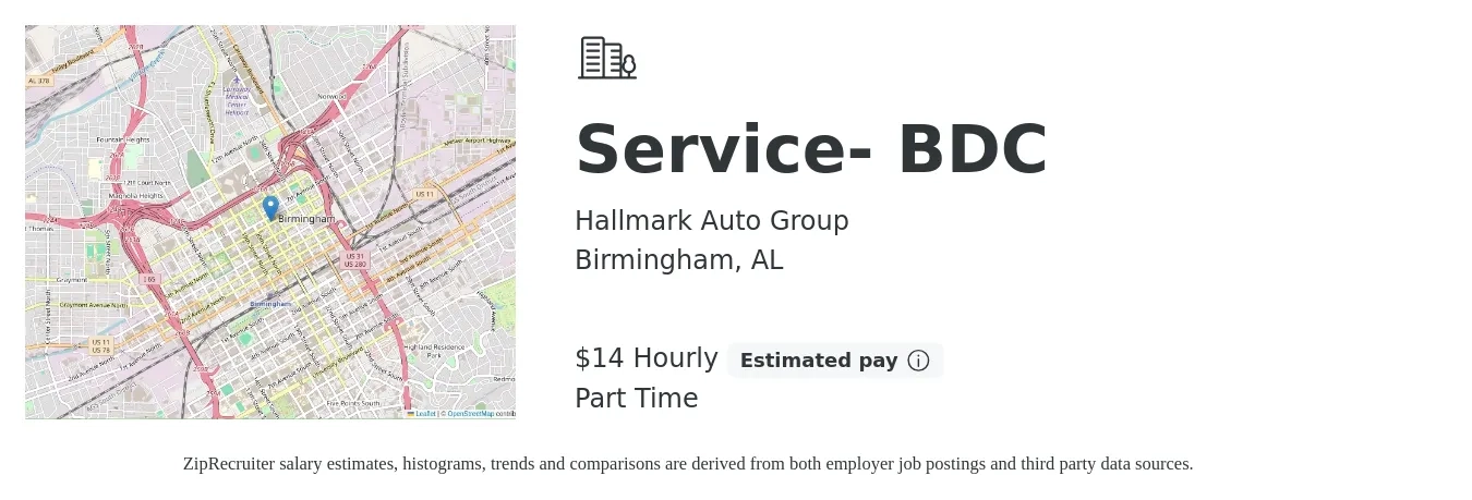 Hallmark Auto Group job posting for a Service- BDC in Birmingham, AL with a salary of $15 Hourly with a map of Birmingham location.