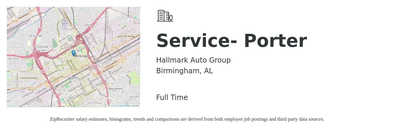 Hallmark Auto Group job posting for a Service- Porter in Birmingham, AL with a salary of $14 to $17 Hourly with a map of Birmingham location.