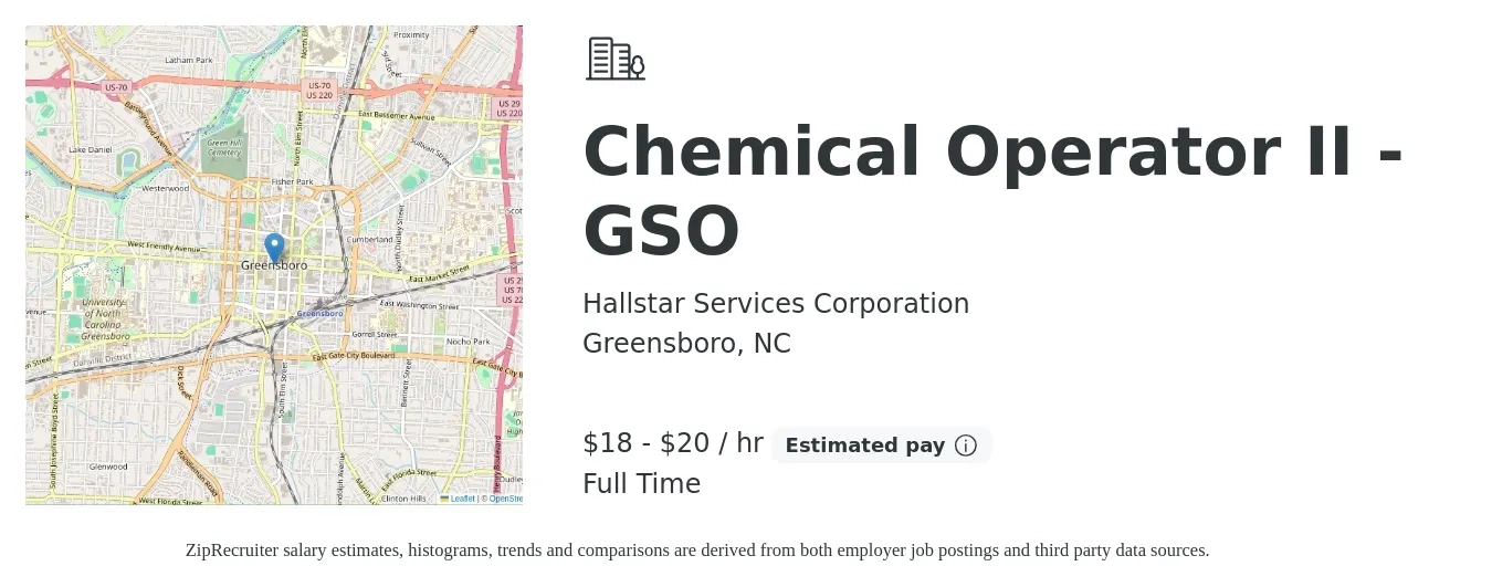Hallstar Services Corporation job posting for a Chemical Operator II - GSO in Greensboro, NC with a salary of $19 to $21 Hourly with a map of Greensboro location.