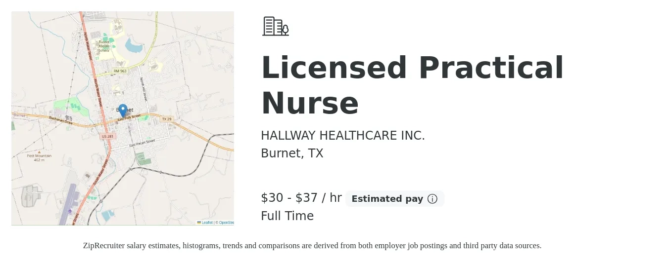 HALLWAY HEALTHCARE INC. job posting for a Licensed Practical Nurse in Burnet, TX with a salary of $32 to $39 Hourly with a map of Burnet location.