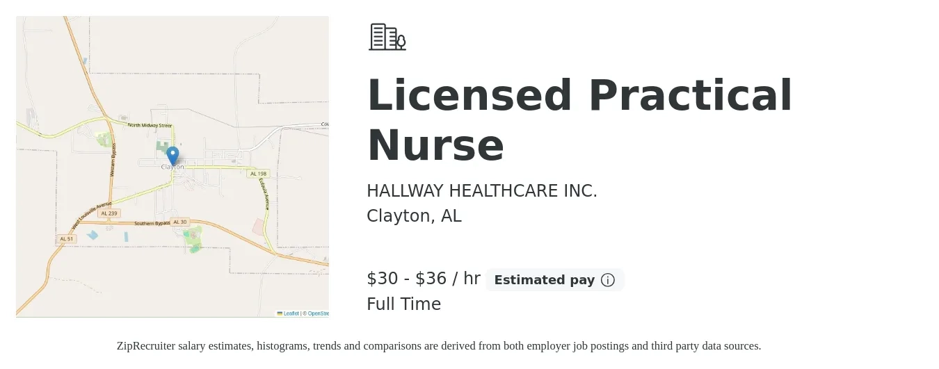 HALLWAY HEALTHCARE INC. job posting for a Licensed Practical Nurse in Clayton, AL with a salary of $32 to $38 Hourly with a map of Clayton location.