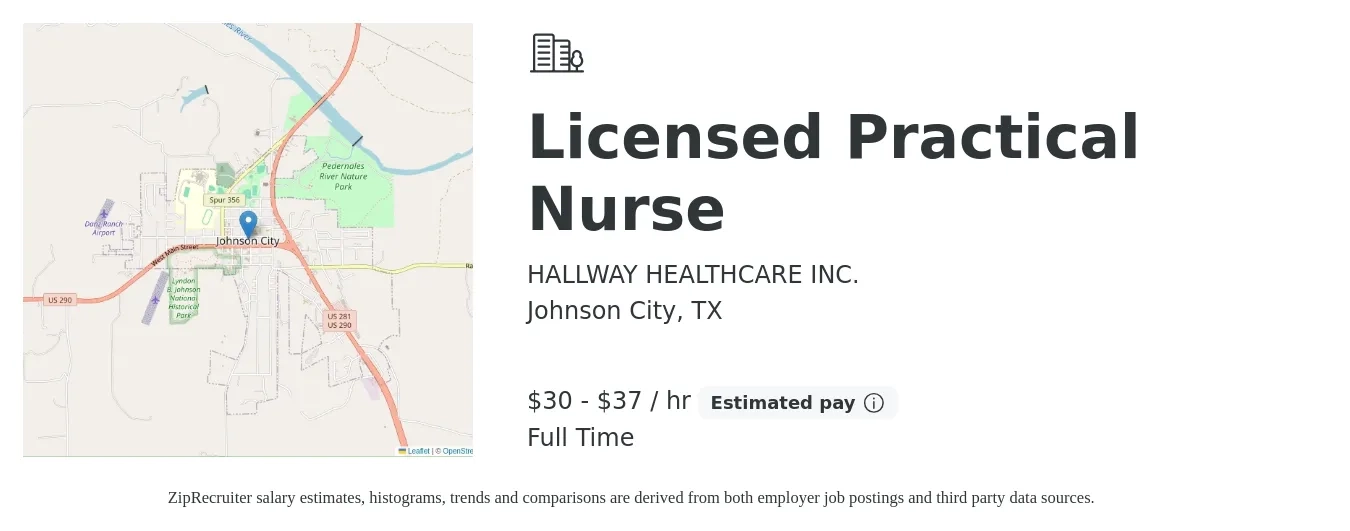 HALLWAY HEALTHCARE INC. job posting for a Licensed Practical Nurse in Johnson City, TX with a salary of $32 to $39 Hourly with a map of Johnson City location.
