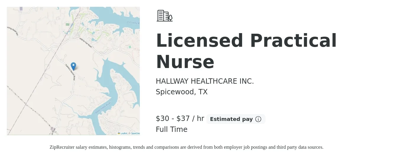 HALLWAY HEALTHCARE INC. job posting for a Licensed Practical Nurse in Spicewood, TX with a salary of $32 to $39 Hourly with a map of Spicewood location.