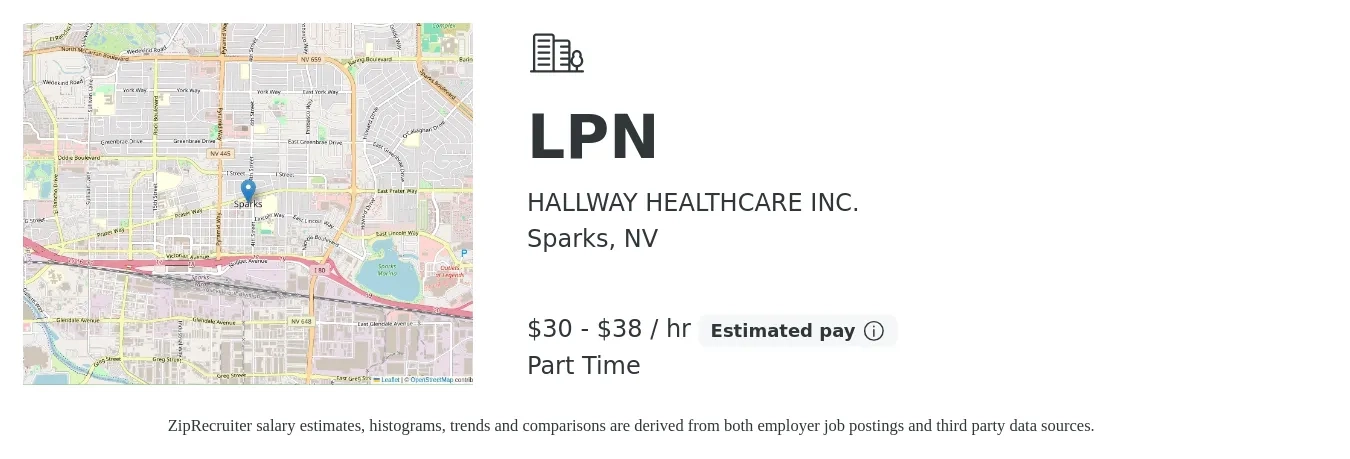 HALLWAY HEALTHCARE INC. job posting for a LPN in Sparks, NV with a salary of $32 to $40 Hourly with a map of Sparks location.