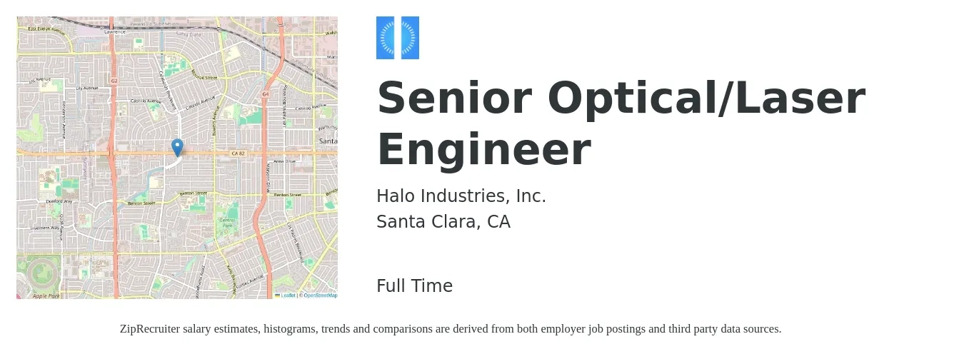 Halo Industries, Inc. job posting for a Senior Optical/Laser Engineer in Santa Clara, CA with a salary of $135,000 to $155,000 Yearly with a map of Santa Clara location.