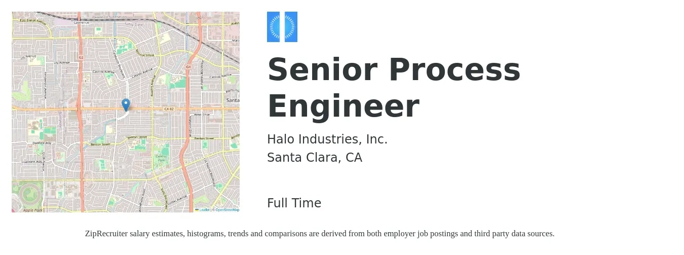 Halo Industries, Inc. job posting for a Senior Process Engineer in Santa Clara, CA with a salary of $80 Hourly with a map of Santa Clara location.