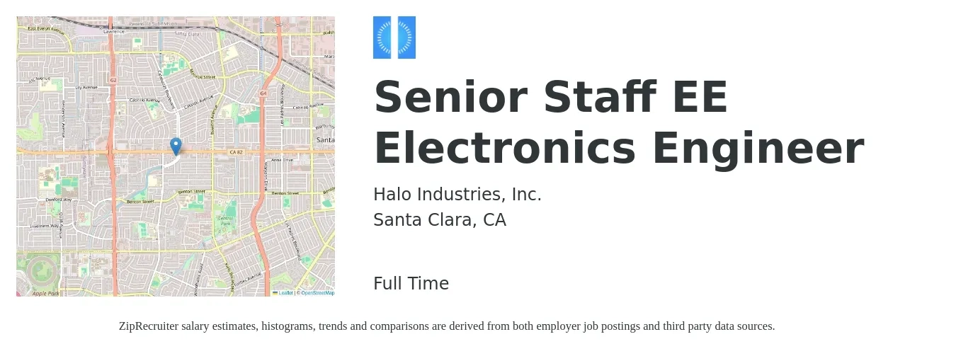 Halo Industries, Inc. job posting for a Senior Staff EE Electronics Engineer in Santa Clara, CA with a salary of $140,000 to $180,000 Yearly with a map of Santa Clara location.