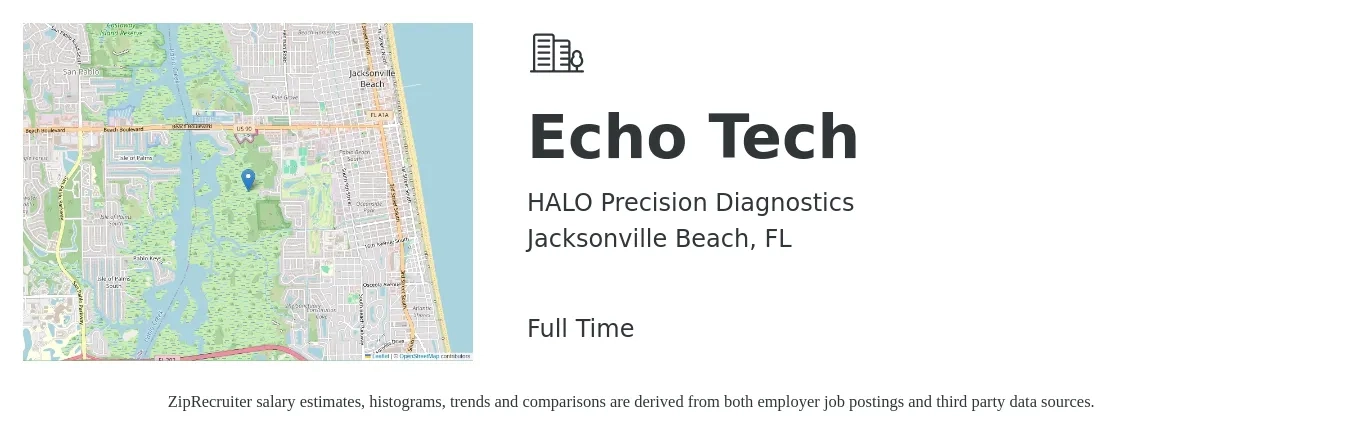 HALO Precision Diagnostics job posting for a Echo Tech in Jacksonville Beach, FL with a salary of $1,720 to $2,470 Weekly with a map of Jacksonville Beach location.