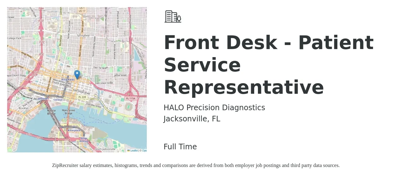 HALO Precision Diagnostics job posting for a Front Desk - Patient Service Representative in Jacksonville, FL with a salary of $14 to $17 Hourly with a map of Jacksonville location.