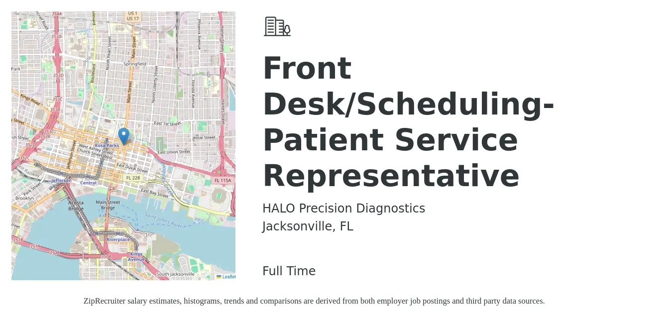 HALO Precision Diagnostics job posting for a Front Desk/Scheduling- Patient Service Representative in Jacksonville, FL with a salary of $14 to $17 Hourly with a map of Jacksonville location.