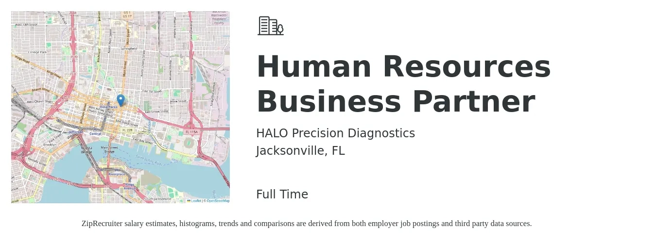 HALO Precision Diagnostics job posting for a Human Resources Business Partner in Jacksonville, FL with a salary of $66,700 to $95,000 Yearly with a map of Jacksonville location.