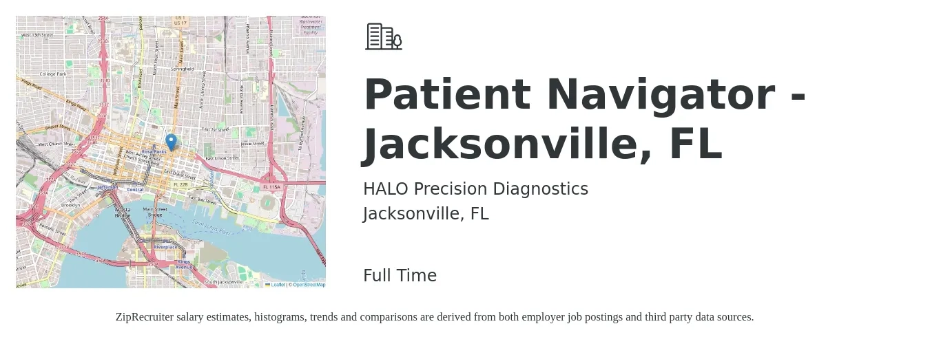HALO Precision Diagnostics job posting for a Patient Navigator - Jacksonville, FL in Jacksonville, FL with a salary of $18 to $25 Hourly with a map of Jacksonville location.