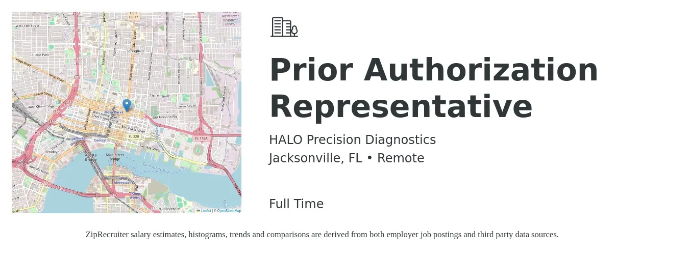 HALO Precision Diagnostics job posting for a Prior Authorization Representative in Jacksonville, FL with a salary of $37,100 to $51,000 Yearly with a map of Jacksonville location.