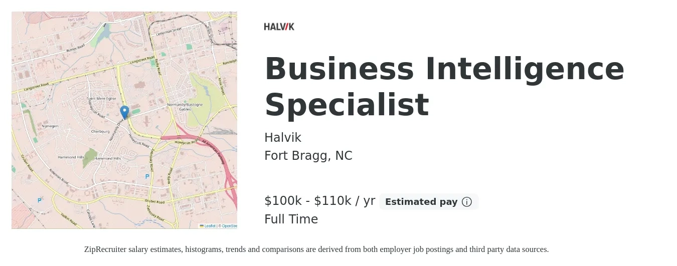 Halvik job posting for a Business Intelligence Specialist in Fort Bragg, NC with a salary of $100,000 to $110,000 Yearly with a map of Fort Bragg location.