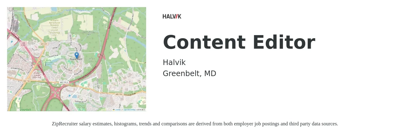 Halvik job posting for a Content Editor in Greenbelt, MD with a salary of $29 to $44 Hourly with a map of Greenbelt location.
