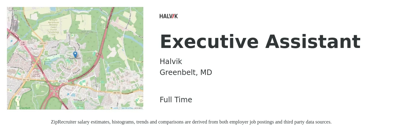Halvik job posting for a Executive Assistant in Greenbelt, MD with a salary of $50,600 to $75,900 Yearly with a map of Greenbelt location.