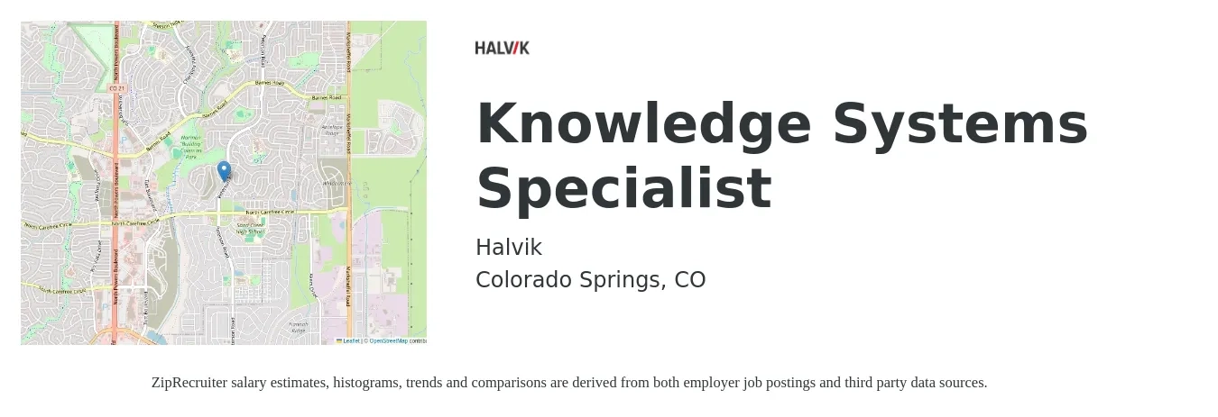 Halvik job posting for a Knowledge Systems Specialist in Colorado Springs, CO with a salary of $85,000 to $95,000 Yearly with a map of Colorado Springs location.