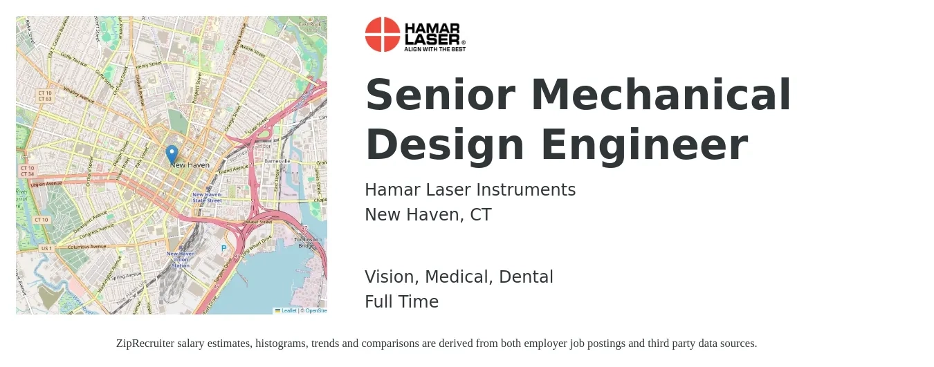 Hamar Laser Instruments job posting for a Senior Mechanical Design Engineer in New Haven, CT with a salary of $90,500 to $124,700 Yearly and benefits including pto, retirement, vision, dental, life_insurance, and medical with a map of New Haven location.