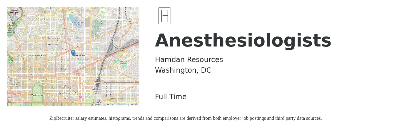 Hamdan Resources job posting for a Anesthesiologists in Washington, DC with a salary of $451,300 Yearly with a map of Washington location.