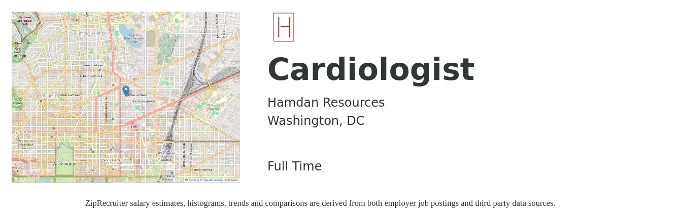 Hamdan Resources job posting for a Cardiologist in Washington, DC with a salary of $399,400 to $451,300 Yearly with a map of Washington location.