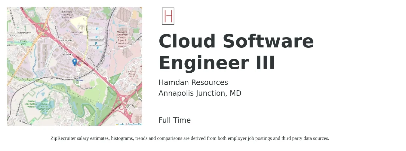 Hamdan Resources job posting for a Cloud Software Engineer III in Annapolis Junction, MD with a salary of $61 to $80 Hourly with a map of Annapolis Junction location.